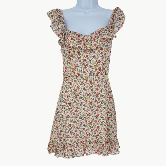 Reformation Paris Floral Ruffle Mini Dress Size 6 Cream Sweetheart A Line - Picture 5 of 14